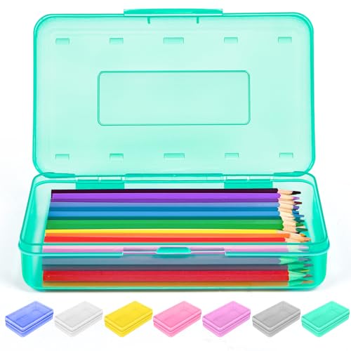 Image of Sooez 1 Pack Clear Pencil Box, Plastic Hard Pencil Case with Stickers, Large Crayon Box with Snap-tight Lid, Stackable Storage Box Art Craft Marker Organizer Box for Kids Boys Back to School, Green