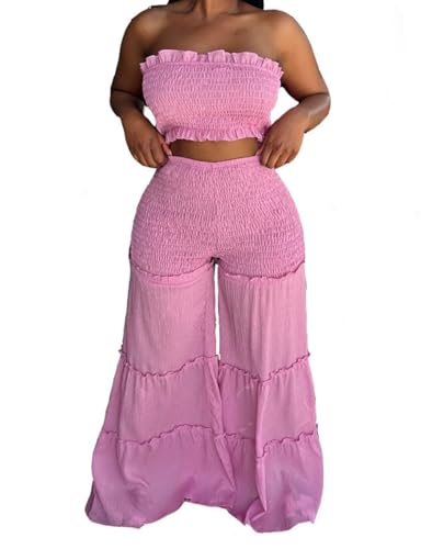 Yuopeid Women 2 Piece Outfits 2024 Summer Ruffle Ruched...
