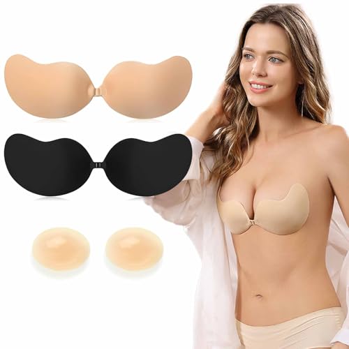 Soutien Gorge Dos Nu, Invisible Soutien Gorge Adhesif Push Up, 2 Paires Soutien Gorge sans Bretelle Réutilisable avec Cache-téton (FR/ES, Taille de bonnet & Taille du soutien-gorge, B, Noir+Beige)