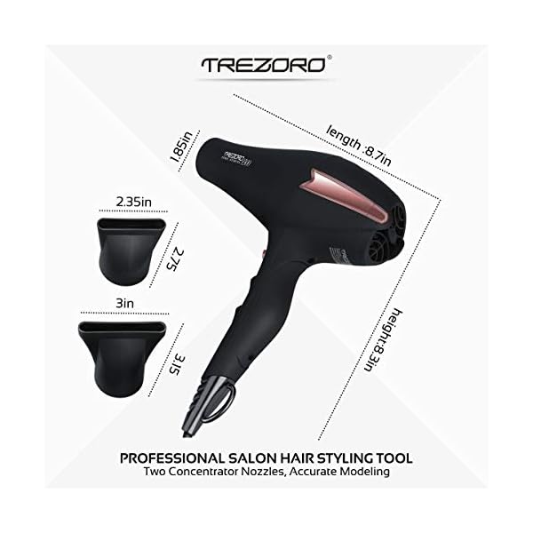 Professional-Ionic-Salon-Hair-Dryer-Powerful-2200-watt-Ceramic-Tourmaline-Blow-Dryer-Pro-Ion-Quiet-Hairdryer-with-2-Concentrator-Nozzle-Attachments-Best-Soft-Touch-Body-Black-Rose-Gold Professional 2200W Ionic Salon Hair Dryer - Professional Blow Dryer - Lightweight Travel Hairdryer for Normal & Curly Hair Includes Volume Styling Nozzle