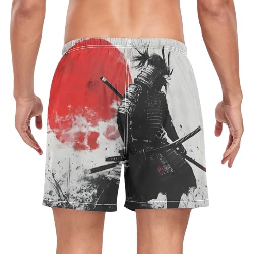 Mens Swim Trunks with Liner, Samurai Moon Red Retro Cool Quick Dry Beach Swim Shorts, Swimwear Bathing Suits S2
