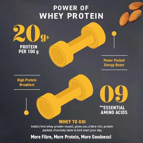 Image of Bagrry's Whey Protein Muesli 750g | 20g+ Protein | Chocolate Flavour | Whole Oats, Whey Protein, Californian Almonds & Bran | Breakfast Cereal | High Protein & Fibre | Premium American Whey Muesli