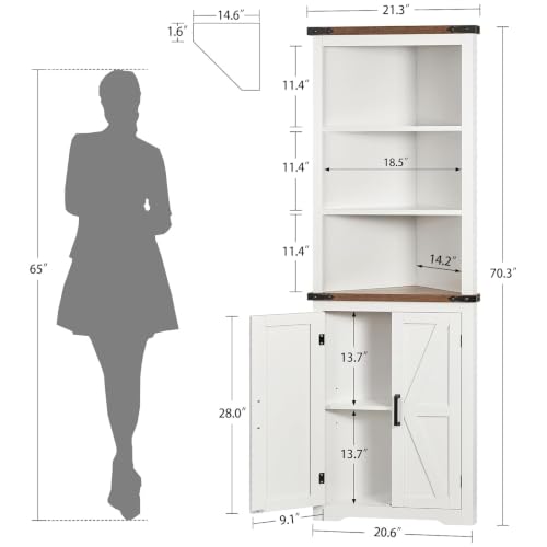 Image of TEENFON Farmhouse Corner Cabinet, 70 inch H Tall Corner Hutch with 5 Shelves & 2 Barn Doors, Bathroom Cabinet with Adjustable Shelf, for Living Room, Kitchen, Bathroom, White
