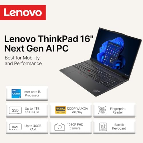 Image of Lenovo ThinkPad E16 Business Laptop • Backlit Keyboard • Intel 10-Core i5-1335U (Beat i7-1255U) • 16GB RAM • 256GB SSD • 16 inch WUXGA Display • Fingerprint Reader • Thunderbolt 4 • Windows 11
