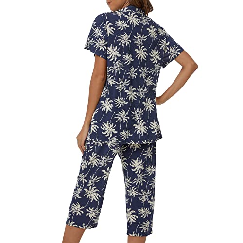 Image of Tugege Capri Pajamas Set Womens Button Down Short Sleeve Lounge Sets Sleepwear Notch Collar Top & Capri 2 Piece PJ Sets