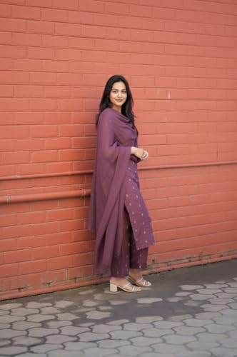 Image of ANNI Designer Women's Purple Printed Kurta Set | Pure Viscose 3 Piece Ethnic Suit Set with Pant & Dupatta | Festive for Women | Cotton Kurta Sets for Woman
