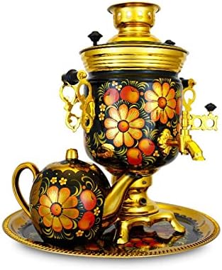Samovar electric 3 liters "Round" in the set of "Classical Khokhloma" hand-painting, Tea Maker, Tula Manufacturer