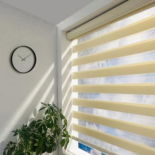 ShadesU Cordless Zebra Blinds &ndash; Light Filtering Dual-Layer Window Shades for Privacy (Cream Color...