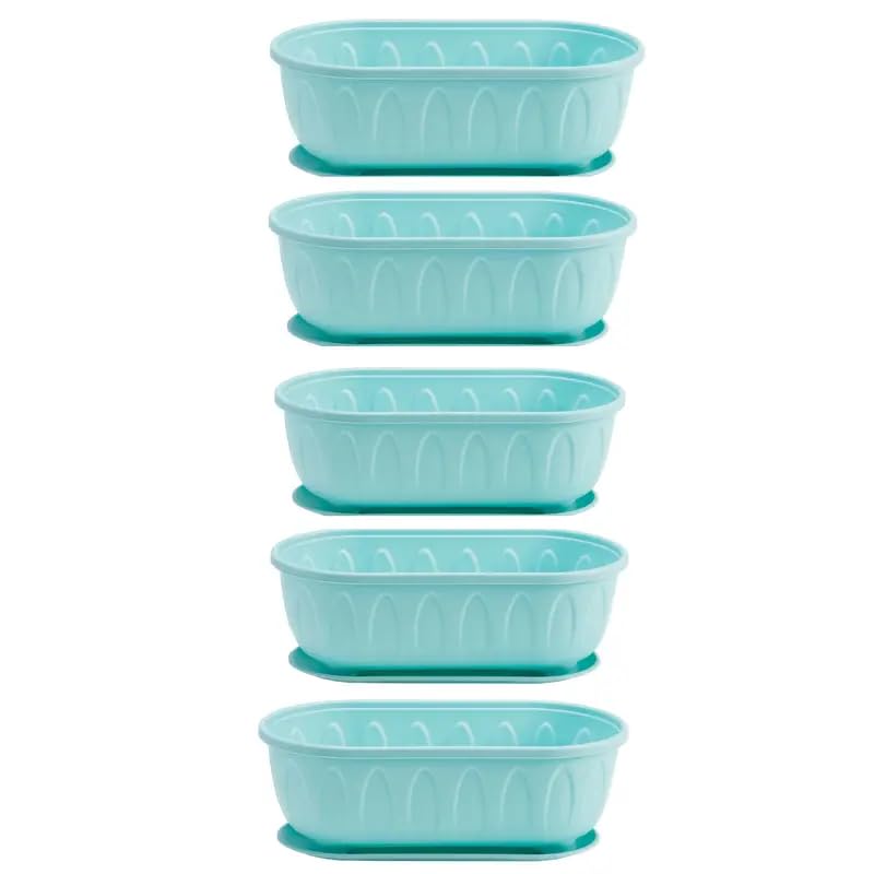 Image of StyleX Store Plastic Rectangle Round Corner Flower Pots with Drainage Hole Saucers Durable Outdoor Indoor Planters with Tray Plant Containers for Balcony, Garden, Home & Office (Set of 5 Sky Blue)