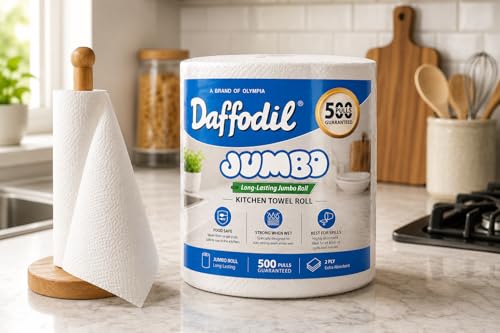 Image of DAFFODIL 2 Ply Jumbo Kitchen Towels - 500 Pulls Pack of 1 Roll | Ultra-Absorbent Kitchen Towel Roll | Long Lasting Paper Towel for Kitchen Cleaning, Oil Absorption & Household Use