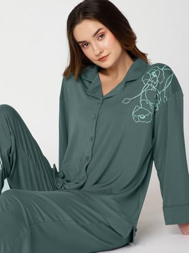 Image of Night Suit for Womens Floral Printed Modal Night Dress of Shirt and Pajama Set 9365