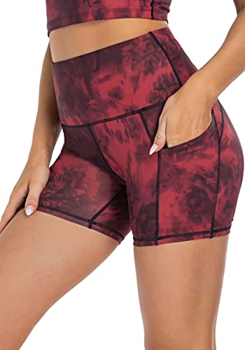 Oalka Women's Short Yoga Side Pockets High Waist Workout Running Shorts 4" Tie Dye Black Red New M #TOP3