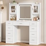 Kotascoy Coiffeuse avec Miroir, LED Luminosité Réglable, 3 Couleurs, Grande Table de Maquillage avec 9 Tiroirs et 2 Armoires en Verre, et Prise, Blanc