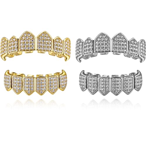 Soulchen 2 Set Vampire Teeth Silver Gold Diamond Grills for Your Teeth for Men Women 18k Gold Plated Hip Hop Rapper Costume Halloween Cosplay Extra Molding Bars
