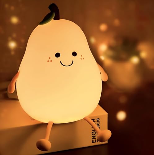 Image of Night Light Pear Cute LED Nursery Nightlight Lamp, Tap Control Squishy Silicone, USB Rechargeable Bedside Lamp for Bedroom, Warm White & 7 Colors, Gift for Kids Girls Boys