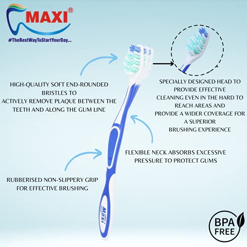 Image of MAXI Expert Soft Bristles Toothbrush with Dual action Tongue Cleaner - Oral Hygiene Kit, Perfect combo for Family, Multicolor (Pack of 6)