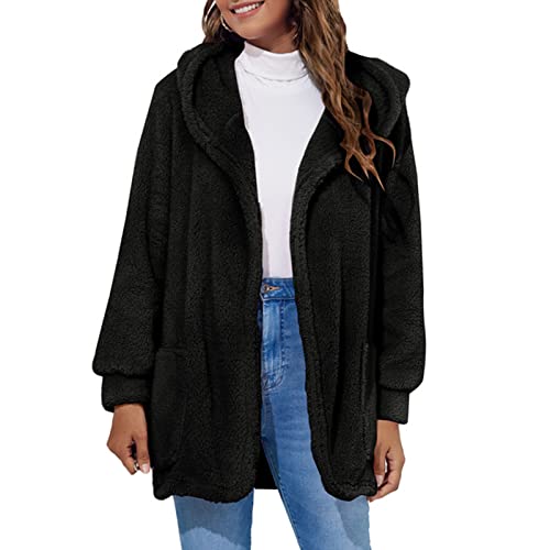 Moniss Casaco macio de lã feminina com capuz aberto frontal manga longa para relaxar no inverno