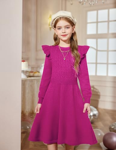 Arshiner Girls Sweater Dress Fall Winter Lantern Long Sleeve Cable Knit Pullover Midi Dresses2