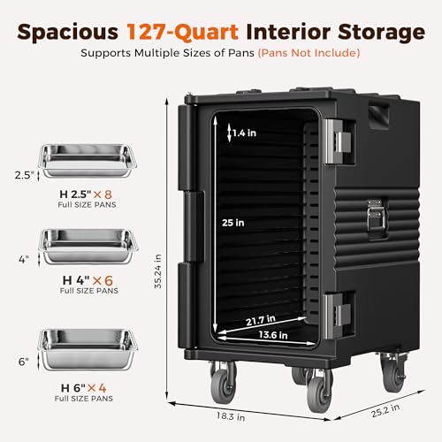 127QT Catering Food Warmers with Swivel Casters, 304 Stainless Steel Latch and Door Shaft, Insulated Food Carrier for 8 Full-Size Pans (NOT Included), Hot Boxes for Catering Gathering Restaurant Event