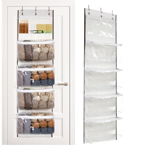 LoforHoney Home Yarn Storage, Hanging Yarn Storage Organizer with 5 Zipper Closure Compartments, Over the Door Yarn Storage Bag for Crochet Hooks and Yarn Balls, Clear Hanging Yarn Holder with 3 Hooks