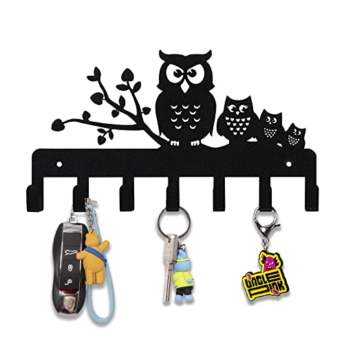 UNCLEPINK Key Holder Hooks for Wall Decorative Owl Black Metal Key Hanger Rack Organizer Wall Mounted with 7 Hooks for Hallway Front Door Entryway