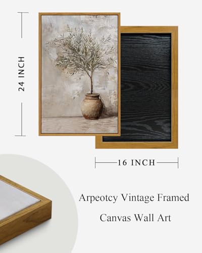 Image of ARPEOTCY Vintage Framed Canvas Wall Art, 16x24 Inch, Large Classic Olive Tree in Vessel Prints for Home Decor, Botanical Still Life Paintings Hanging Wall Art for Bedroom, Living Room, Office