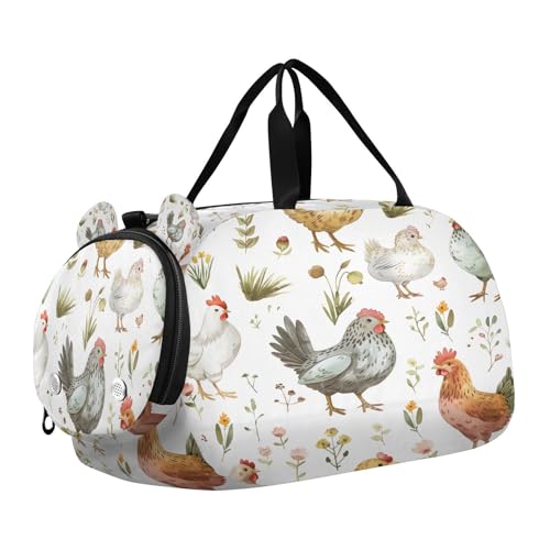 YETTASBIN Sport Travel Duffel Bag for Girls Boys, Cartoon Chickien Large Waterproof Weekender Overnight Bag, Detachable Shoulder Strap Gym Bag with Shoe Compartment & Wet Pocket