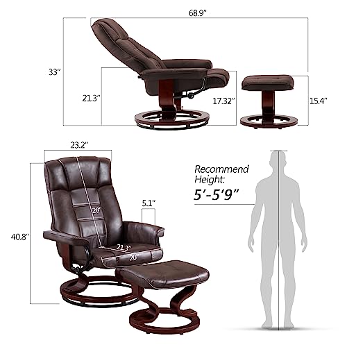 Mcombo Swiveling Recliner Chair With Wrapped Wood Base And Matching Ottoman Footrest, Furniture Casual Chair, Faux Leather 9019 (Dark Brown) #TOP2