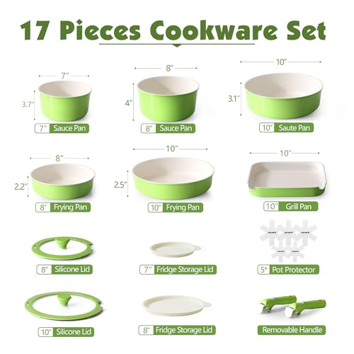 Image of SENSARTE 17 Piece Ceramic Pots and Pans Set, Nonstick Detachable Handle Cookware, Induction Kitchen Cookware Set with Removable Handle, Dishwasher & Oven Safe (Green)