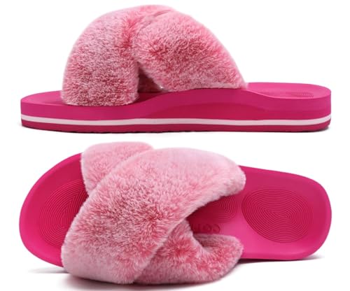 Image of COFACE Womens Fuzzy Slides Fluff Faux Fur Cross Slippers Open Toe Yoga Mat House Slipper Sandals With Arch Support For Indoor /Outdoor