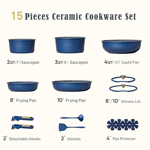 Image of CAROTE Blue&Gold Ceramic Cookware Set Non Toxic, PFAS Free, 15Pcs Pots and Pans Set Non Stick Detachable /Removable Handle, Kitchen Cooking Set Dishwasher Safe, Nonstick Pot and Pan, Induction Cookware