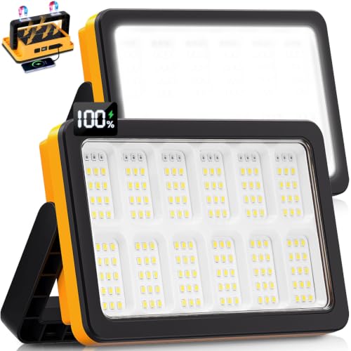 Yellow LED work light with a magnetic folding stand — proves the magnetic base and jobsite build