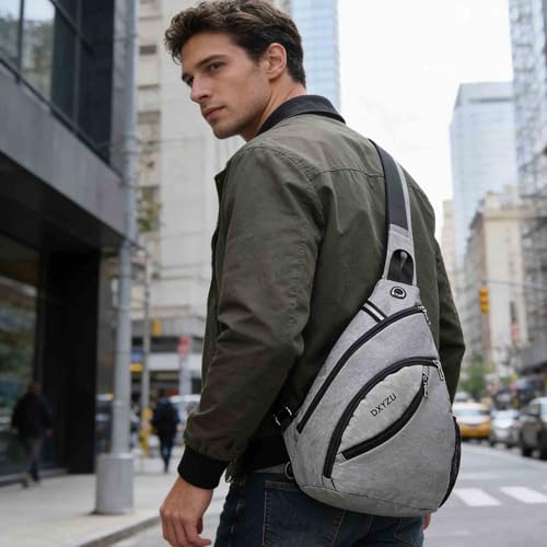 Sling Rucksack Männer Frauen, Große Kapazität, Nachtreflektor, Kopfhörerloch Design, Mehrzweck Crossbody Schulterrucksack, Diebstahlsicherer, Campus Rucksack für Radfahren im Freien (Grau)