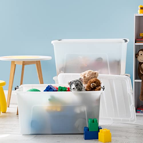 Image of IRIS USA 72 QT Plastic Storage Box with Lid and Latches - 4 Pack - BPA-Free, Discreet Organizing Solution, Durable Nestable Stackable Containers, Secure Pull Handle - Pearl