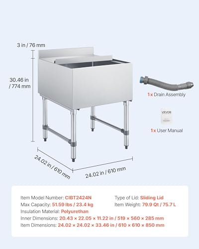 Image of VEVOR Commercial Ice Bin Stainless Steel Ice Chest with Sliding Lid, 24H Long-Lasting Insulation, Cooler Cart Cocktail Unit for Bar Restaurant Pub, NSF, 24 Inch