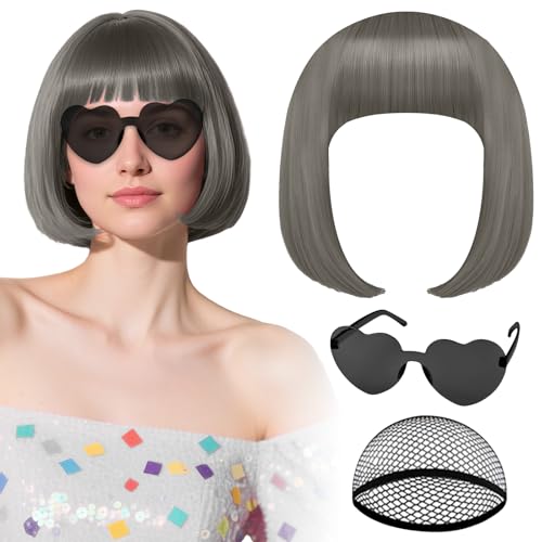 PLULON Gray Bob Wig with Heart Sunglasses Hair Cap Neon Colored Party Wig