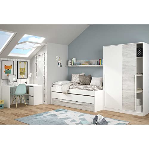 Mobelcenter, Dormitorio Juvenil Elliot, Conjunto Dormitorio Infantil Juvenil Color Blanco Artik y Blanco Velho, Cama Nido con Cajón y Armario 2 Puertas con Barra de Colgar y 4 estantes (P0055) - imagen 9