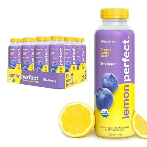 Lemon Perfect Blueberry, Hydrating Flavored Lemon Water, Zero Sugar, Healthy Hydration Drinks, Organic, 15.2oz Bottles (12-Pack)