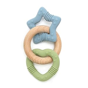 TenOne Silicone & Wooden Baby Teether, EN71-Certified-Safe Teething Ring for Babies, Soft Sensory Chew Toy, Colourful Toy (Blue Star/Green Heart)