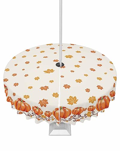 Thanksgiving Fall Outdoor Tablecloths with Umbrella Hole and Zipper, Pumpkin Harvest Orange Maple Leaf Waterproof/Stain Resistant Round Table Cloth 60'' Patio Table Cover for Picnic/Party