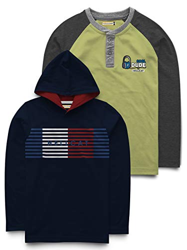Image of HELLCAT Boys Printed Henley Neck & Hooded Cotton tshirt - Pack of 2