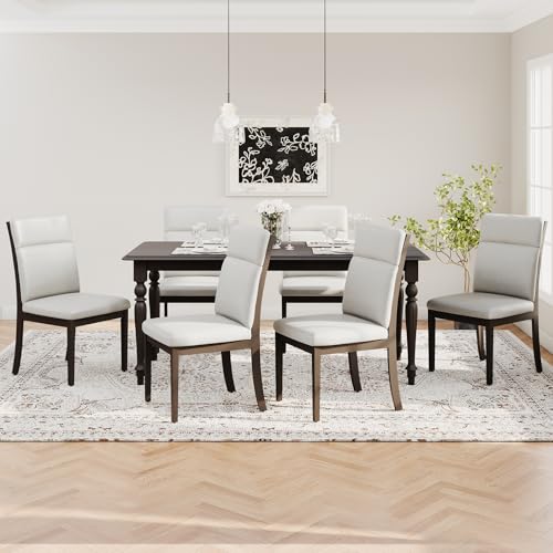 MALOL Wooden Dining Chairs Set of 6, Modern Fabric Upholstered Kitchen Side Chairs, Farmhouse Ladder High Back Dining Room Chair with Foot Pegs - Beige