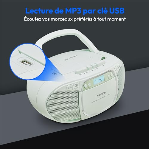 MEDION E66476 Stereo Sound System (Boombox, Lecteur CD, MP3, Cassette, Lecteur de Cassette Portable pour Enfants, Radio FM, AUX, écouteurs, Secteur & Batterie) Vert