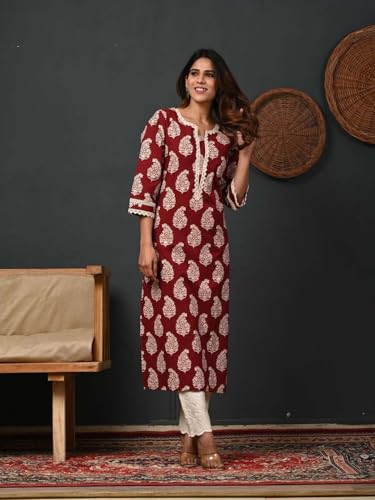 Image of Rimeline Women's Cotton Printed Kurta with Lace Yoke Detail | Elegant Straight Fit Ethnic Wear for Office, Casual & Daily Styling