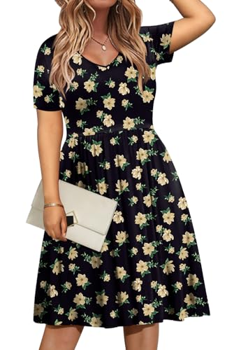 Image of DB MOON Women Plus Size Dresses 2026 Summer Casual V Neck Short Sleeve Knee Length Dress with Pockets