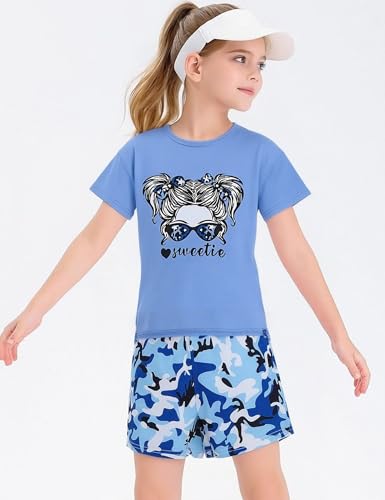 Image of mksodopy Girls Summer Clothse Graphic Print Front and Back High and Low Irregular T-shirt Cycling Shorts Set