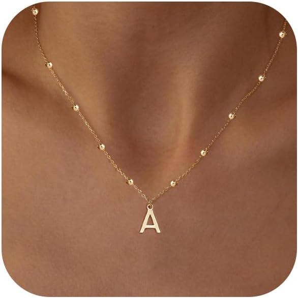 KISSCLOUD Initial Necklaces for Women 14K Gold Silver Dainty Letter Charm Necklace Personalized Name Pendant Bead Chain Necklace Non Tarnish Trendy Jewelry Gift