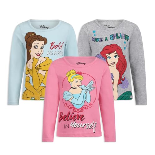 Disney Princess Cinderella, Belle, and Ariel Girls 3 Pack Long Sleeve Shirt for Toddler and Big Kids