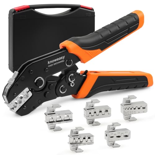 Knoweasy 6-in-1 Ratcheting Crimping Tool Set with Quick-Change 6 Dies (40Cr), Multifunction Wire Crimper for Dupont, Ferrule, Open Barrel, Heat Shrink, Non-Insulated and Solar Connectors with Case
