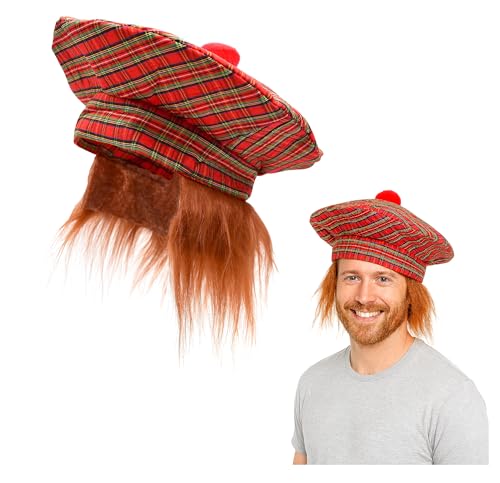 Nicky Bigs Novelties Plaid Golf Tam Hat with Fake Red Hair Funny Scottish Tam O'Shanter Costume Cap with Elastic Fit for Adults & Teens Gag Gift for Golf Halloween Parties Cosplay